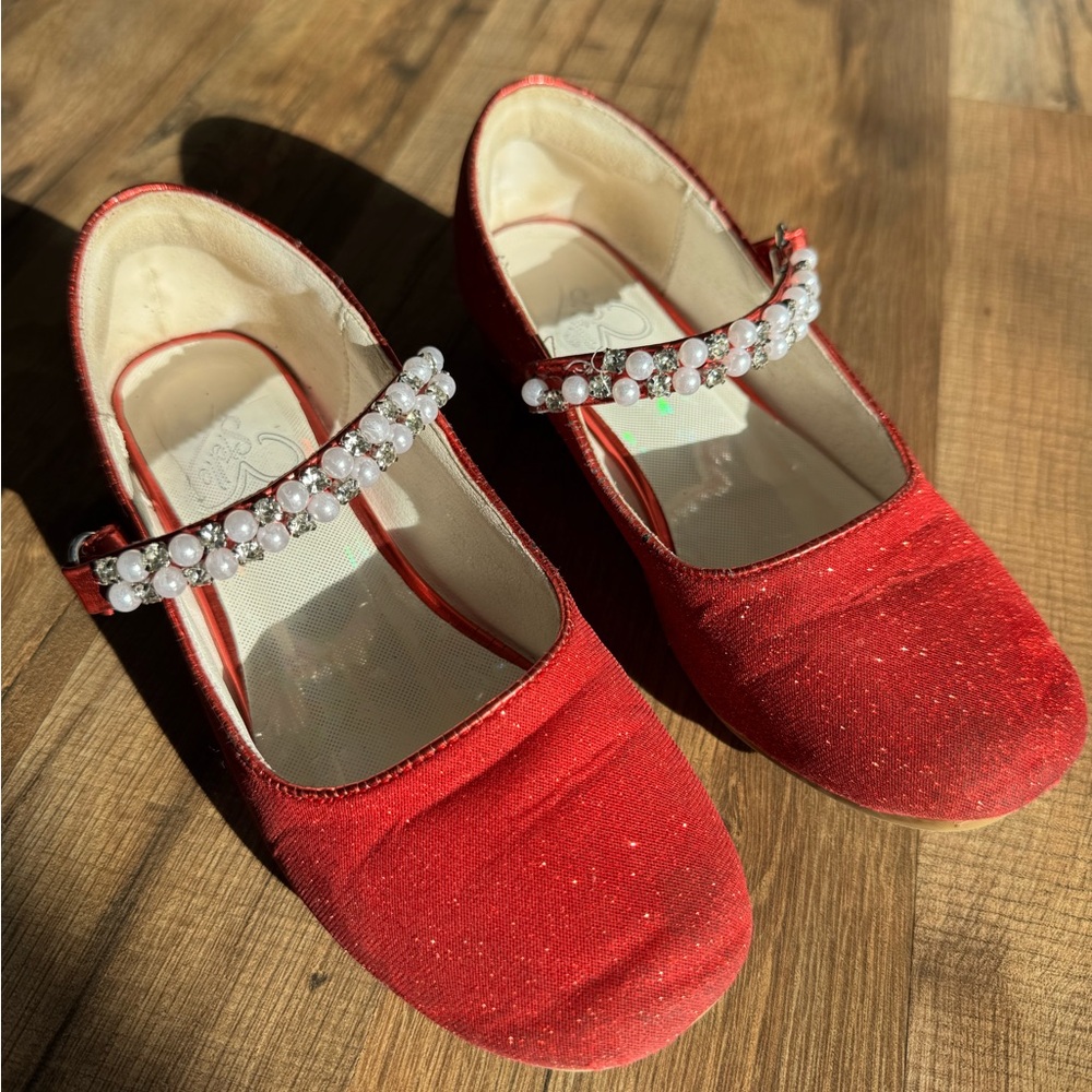 Stelle Girls Red Sparkle Princess Holiday Dorothy Ruby Slippers Pearls Size 1
